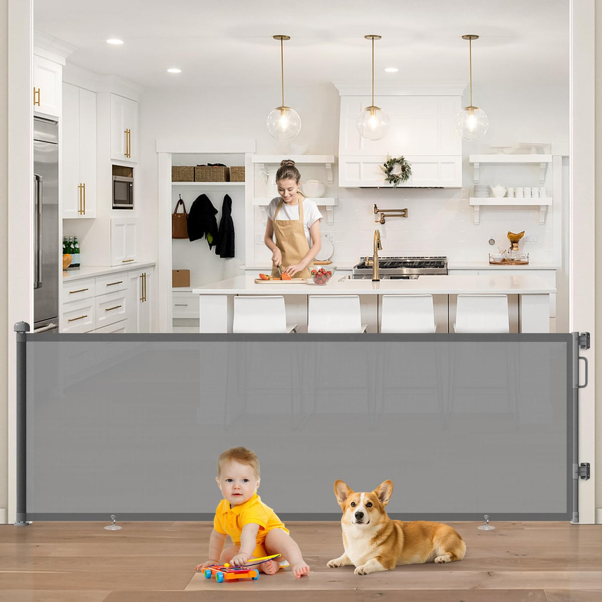 96" Retractable Baby Gate (Gray / 34" Tall x 96" Wide)