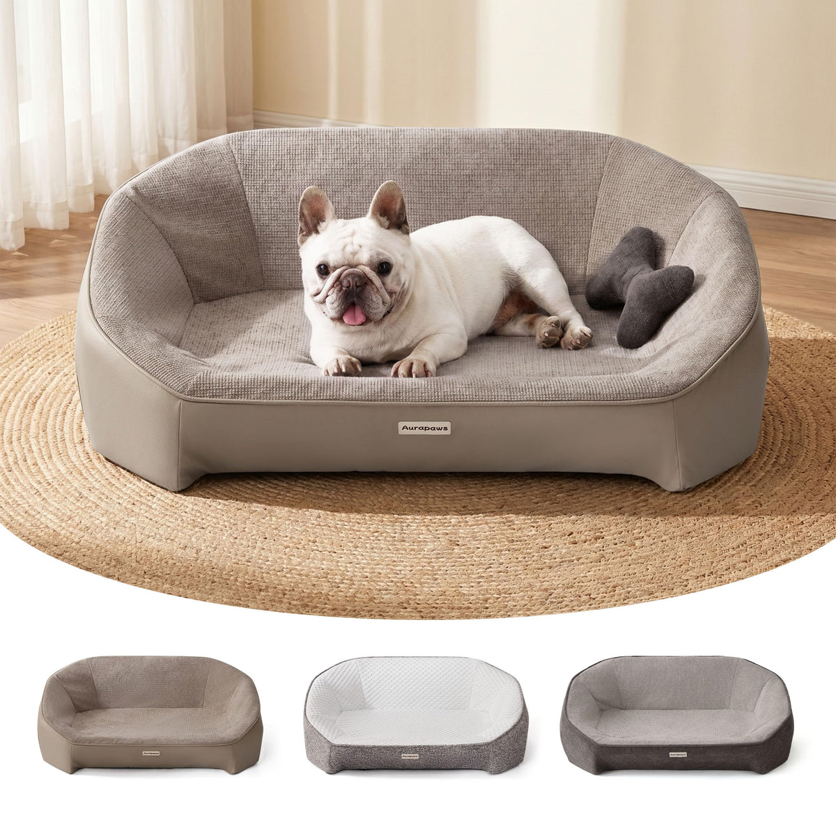 Dog Bed for Medium Sized Dog (Leather-Dark Gray-Light Gray / 36"L x 25.5"W x 12.6"Th)