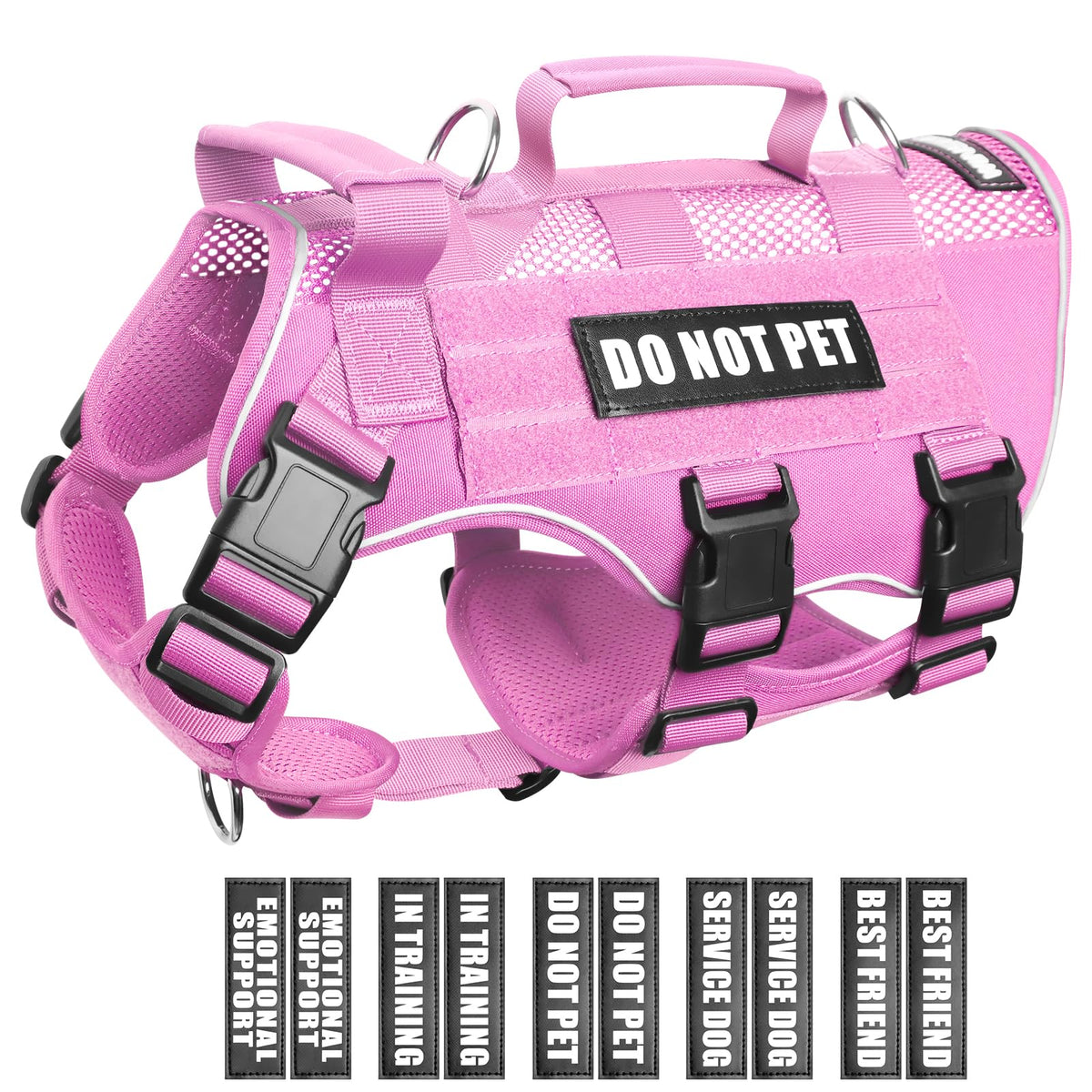 Tactical Molle Vest Mesh Dog Harness with 10 Removale Pet Patches (Large / Pink)