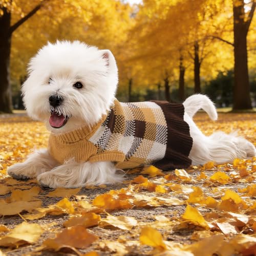Dog Sweater Dress Plaid Knitwear for Small Dogs Girl Christmas Clothes (Coffee / Small)