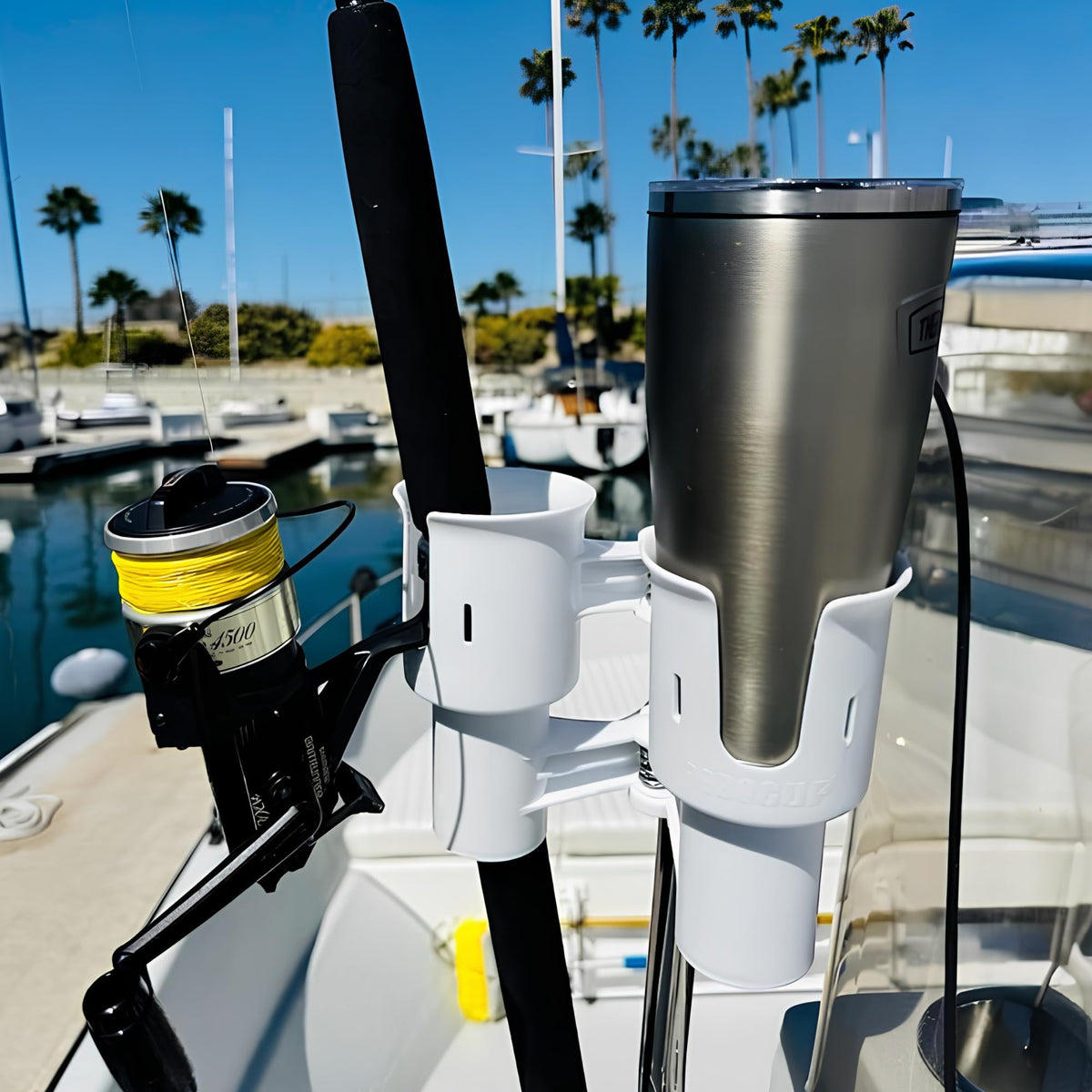 White), Patented Clamp On Boat Cup Holder |Multifunction Dual Drink Caddy for Fishing Poles, Tools, Net, Gaff |Portable Storage for Boating, Beach, Umbrellas, Golf Carts, Strollers (White / Standard Spring)
