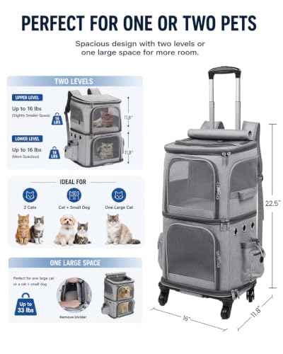 Double Compartment Cat Backpack Carrier with Wheels for 2 Pets (X-Large / Grey)