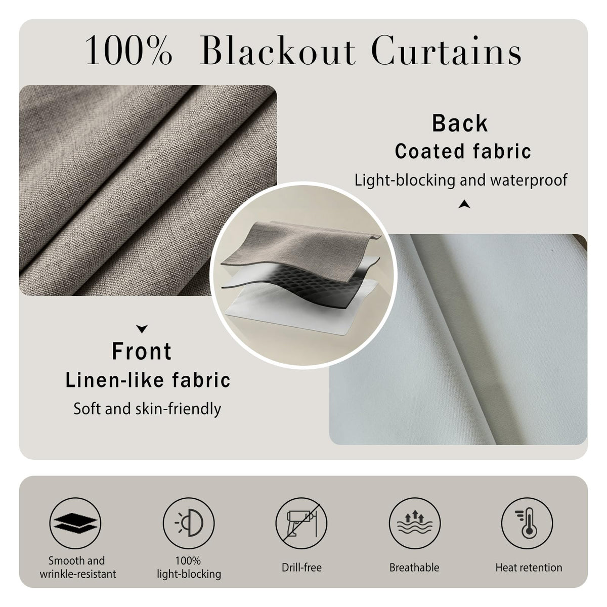 100% Blackout Self Adhesive Curtains (45"W x 60"L (Pack of 1) / Light Brown)