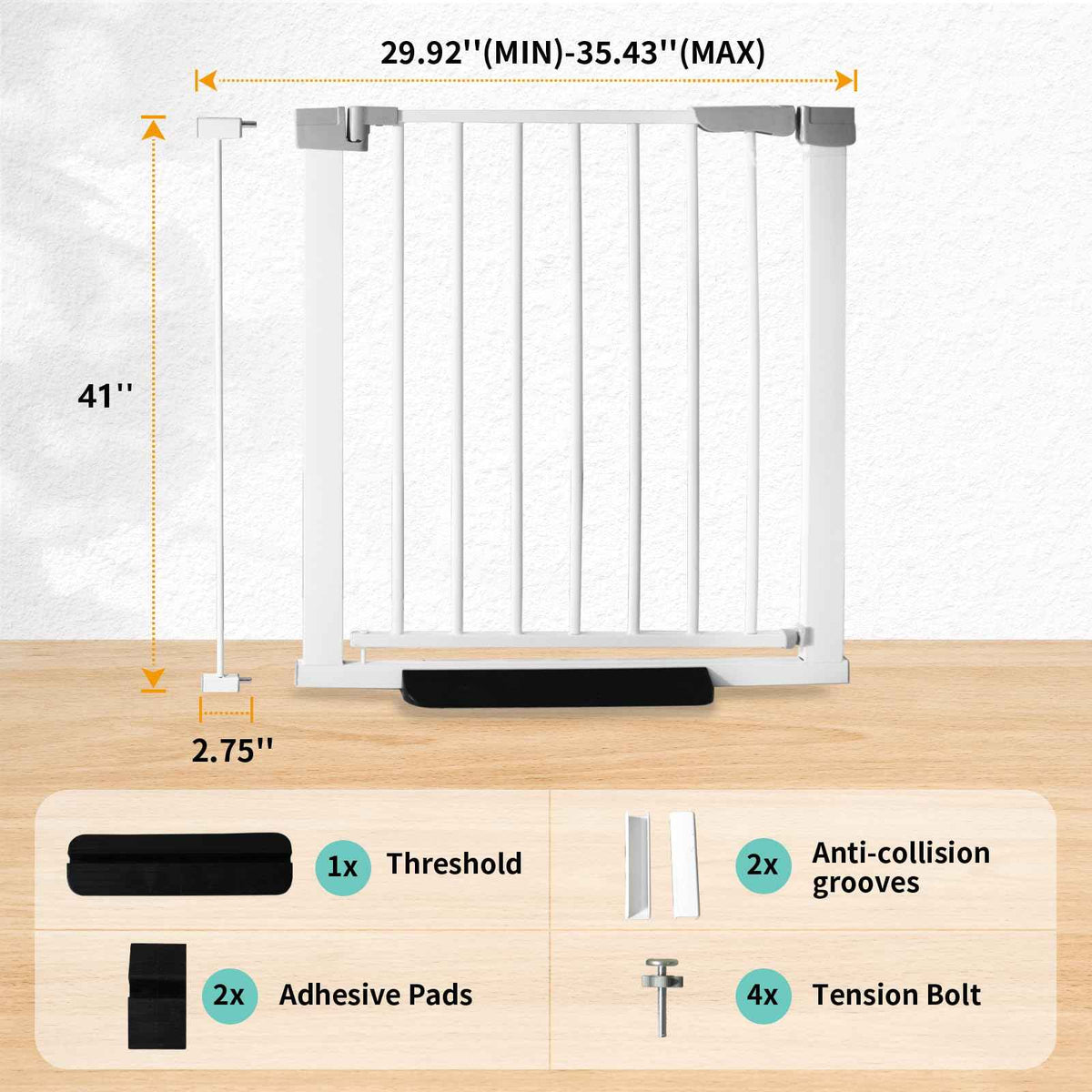 41 Inch Tall Baby Gate Auto Close Dog Gate (White / 29.92"-35.43"Wide)