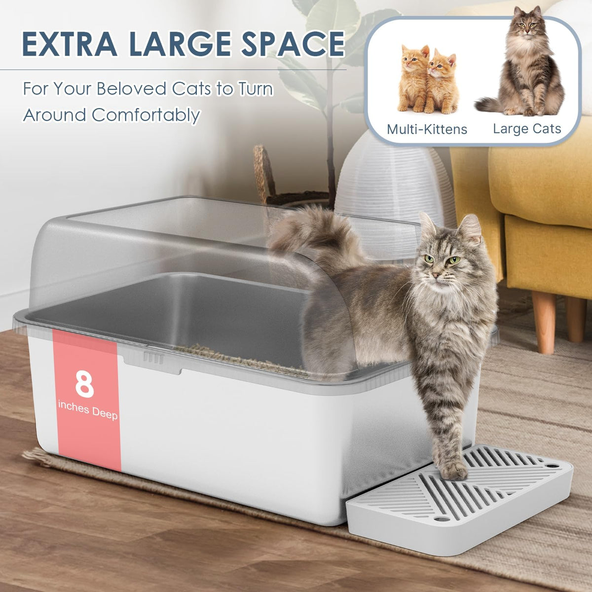 2 Pack 8" Deep Enclosed Stainless Steel Litter Box for Multi (2PK Light Grey / X-Large)