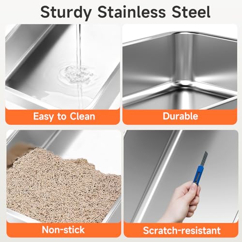 Stainless Steel Cat Litter Box Low Entry Litter Pan Include Scoop (Dark Grey M)