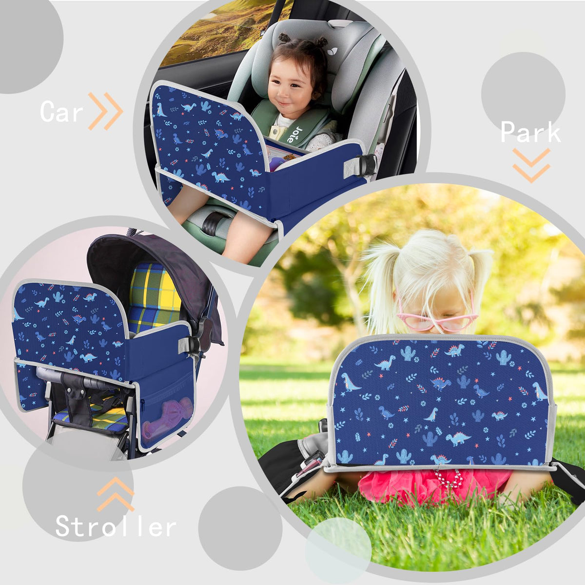 Kids Travel Tray for Toddler Car Seat (Navy BlueDinosaur)