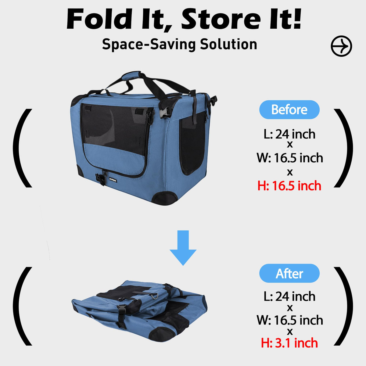Large Cat Carrier 24"x16.5"x16.5" Portable Dog Crate for Small Medium Dogs Collapsible Traveling Pet Crate with Collapsible Bowl (Blue (No Litter Box) / 24.0"L x 16.5"W x 16.5"H)