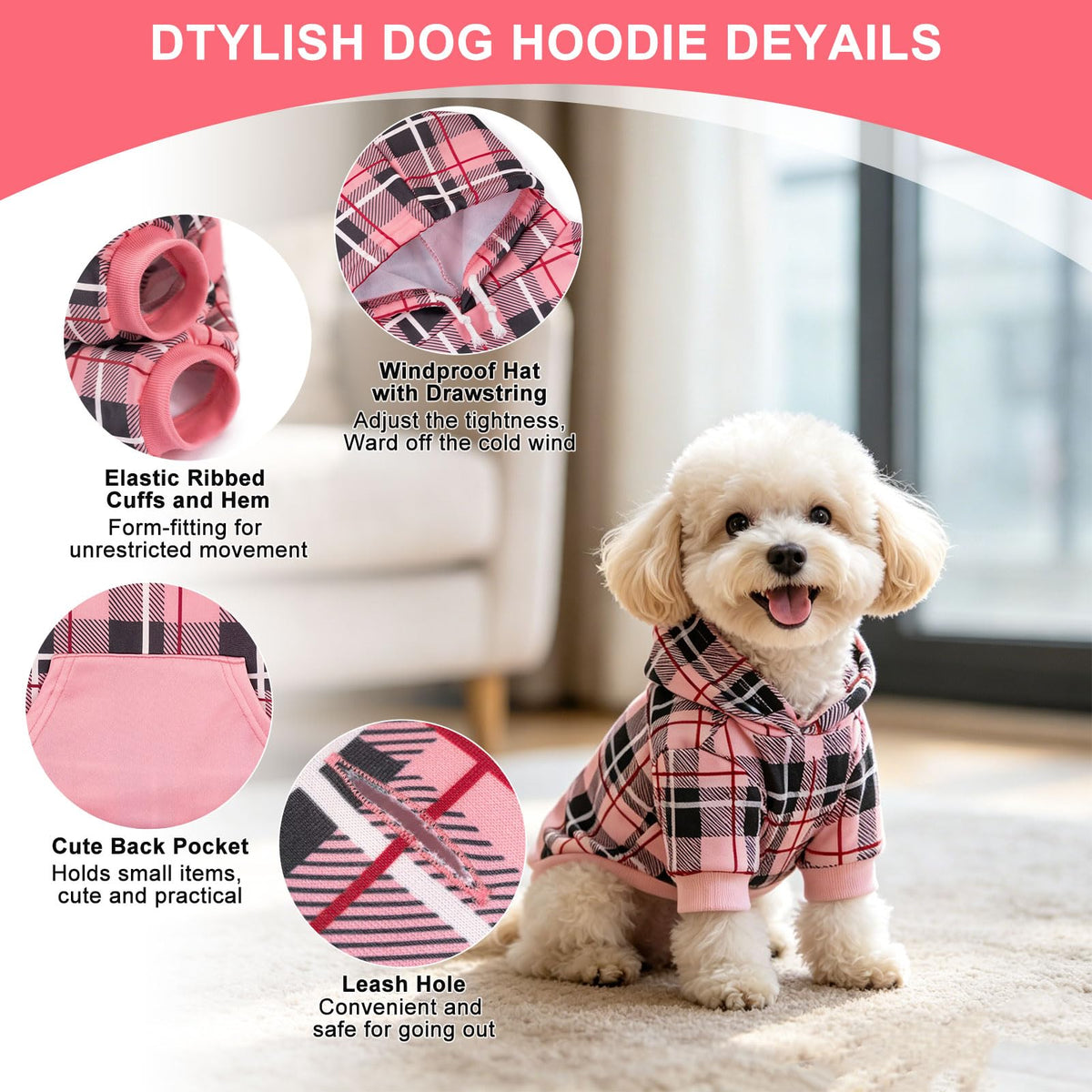 Plaid Dog Hoodie (Pink / S-Medium)