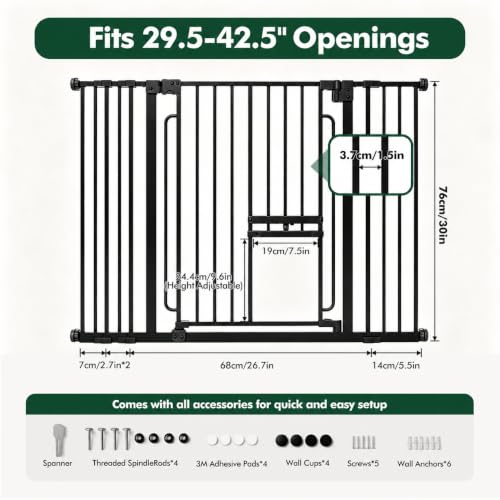 Pet Gate with Cat Door (Matte Black / 29.5-42.5"Wide,30"Tall)