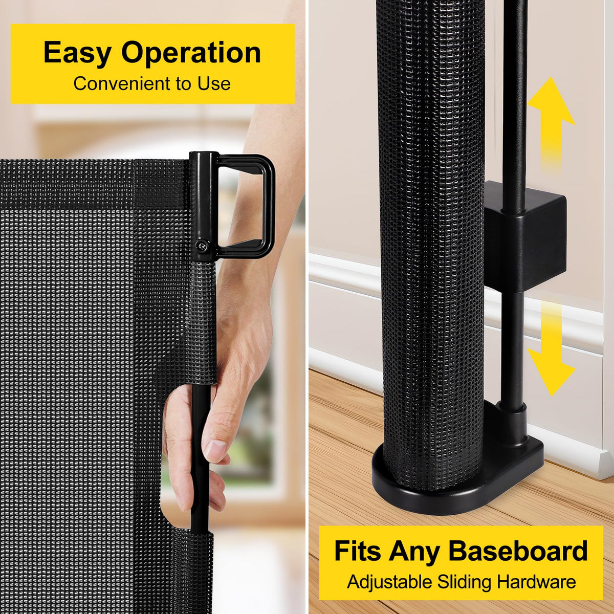 Reinforced 42” Tall x 160” Extra Wide Retractable Baby Gates with Rods (Black / Reinforced 42" Tall X 160" Wide)