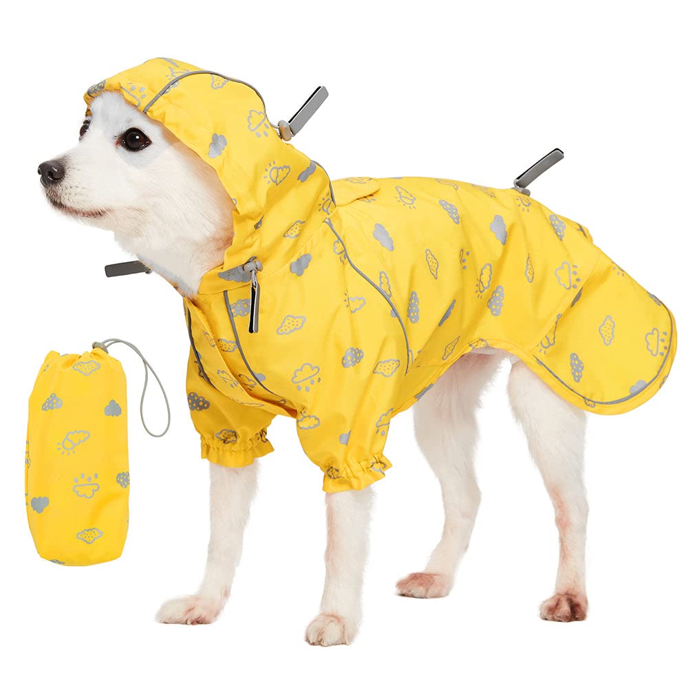 14" Reflective Cloud Prints Lightweight Waterproof Dog Raincoat with Hood & Harness Hole (14 Inch / 2-legged - Yellow, Reflective Cloud Prints)