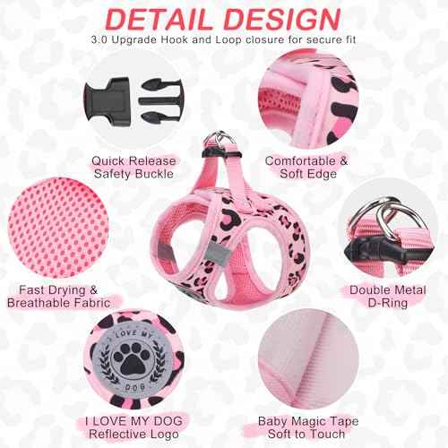 Small Dog Harness and Leash Set (XSmall(Chest Girth 13" - 14.5") / Leopard Pink)