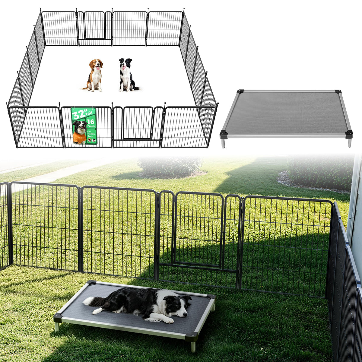 Rollick Dog Playpen with Padded Dog Bed (Black / 32"H)