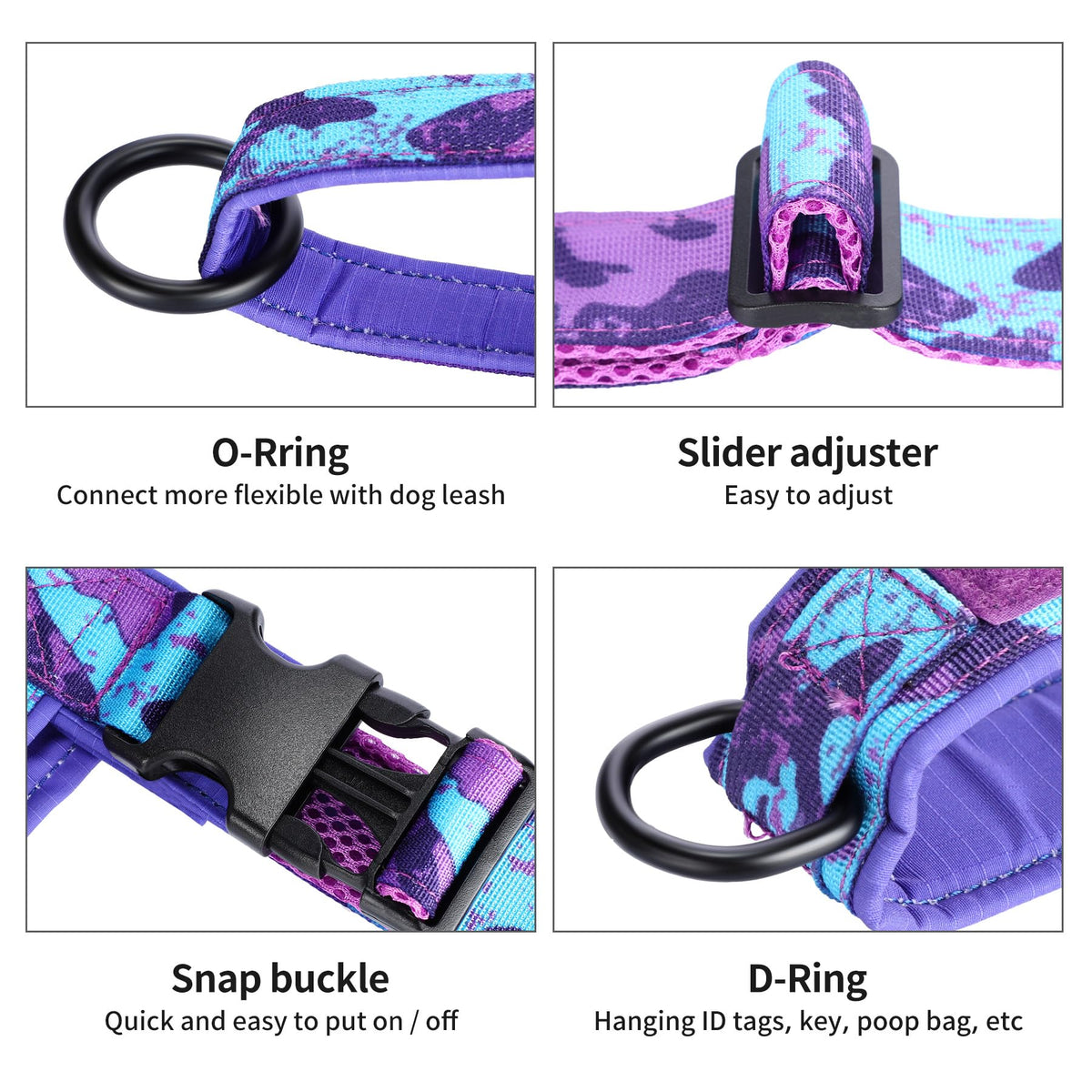 No Pull Dog Harness with Padded Handle+5Ft Leash (XL / Camo Purple Set)