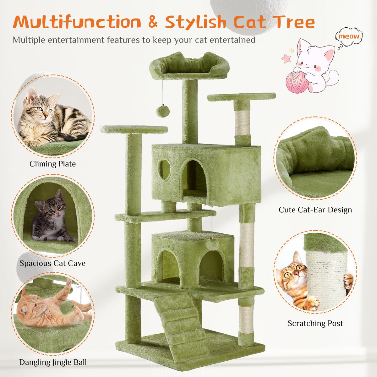 54 Inch Cat Tree Tower with Natural Sisal Scratching Post (Green / 54IN)