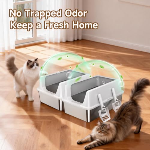 2 Pack XL Stainless Steel Litter Box with High Sides for Large Cat (Gray-2Pack)