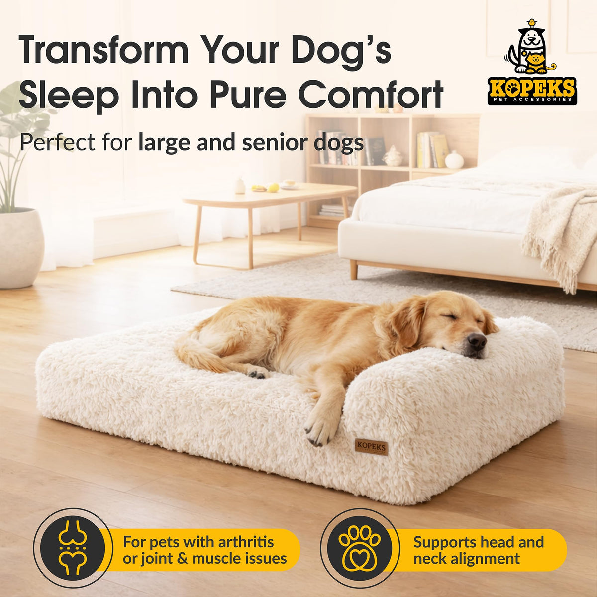Orthopedic Memory Foam Dog Bed 7" Inch Thick Extra Large Dog Bed with Pillow Fluffy Brown 50"x34"x10" Includes Waterproof Liner & Durable Removable Cover with Smart Design (Brown (Light) - Fluffy / XL - 50"x34"x10")