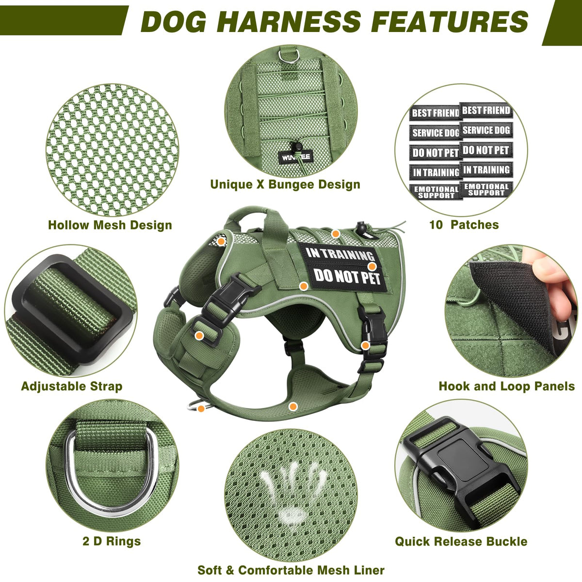 Service Dog in Training Mesh Harness with 10 Removale Pet Patches (X-Large / Green)