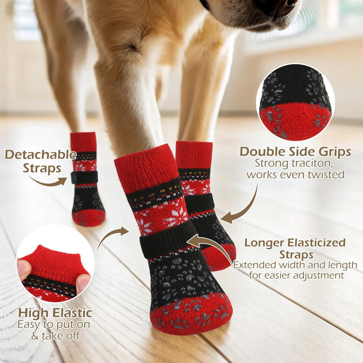 Anti Slip Dog Socks to Prevent Licking Paws for Hot Pavement (Black Red / Large)