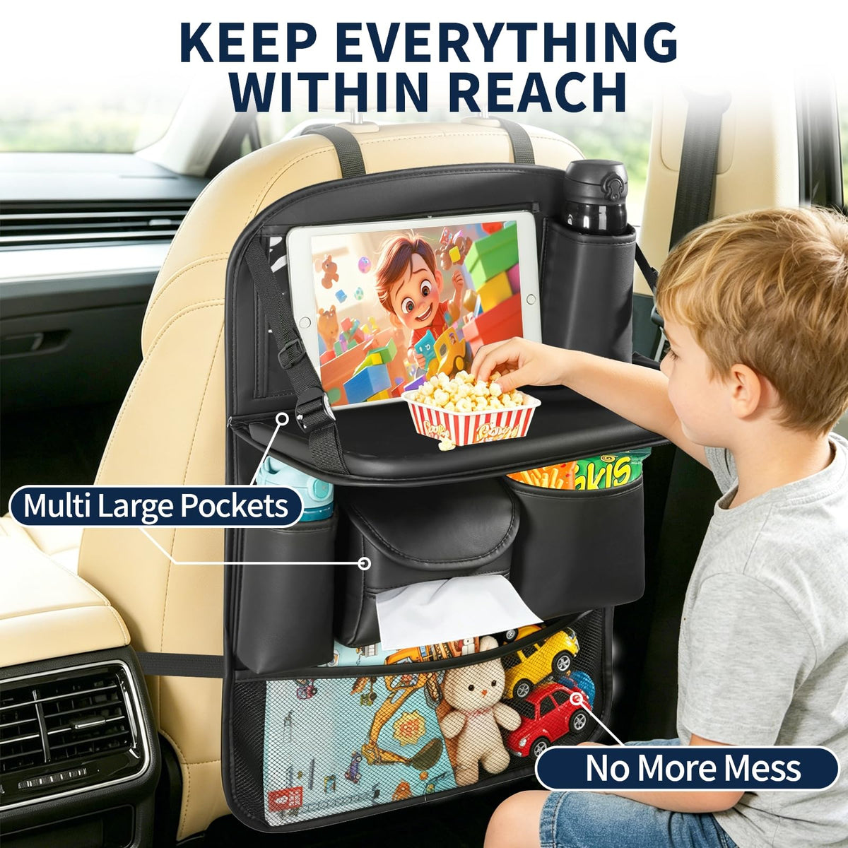 Backseat Car Organizer with Foldable Tray Table (2 Pack)