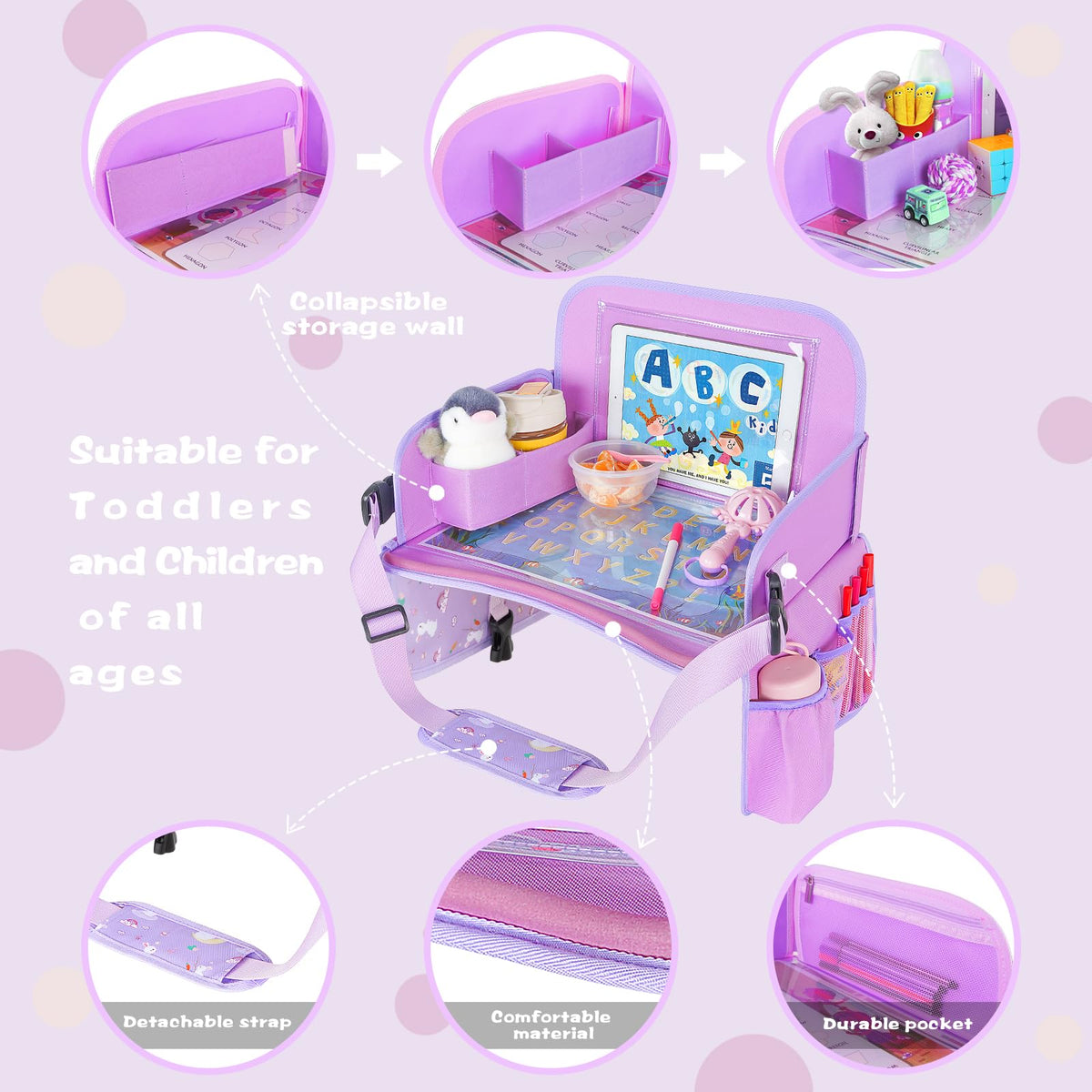 Kids Travel Tray for Car Seat (ColorfulRabbit Purple)