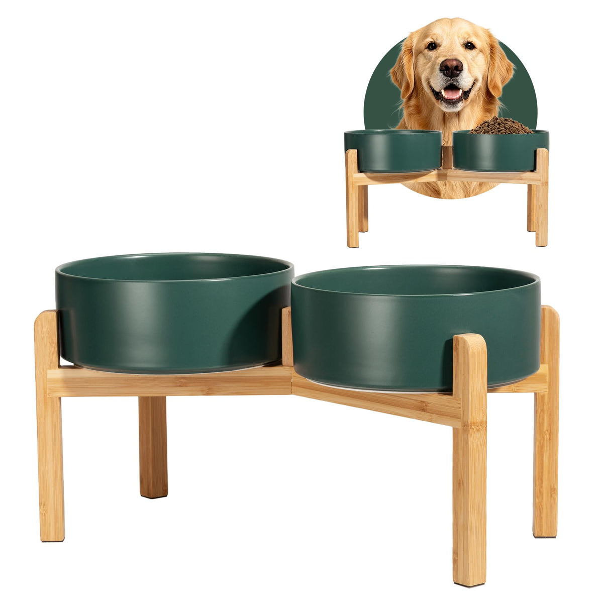 Elevated Ceramic Dog Bowl Set (Green / Large)