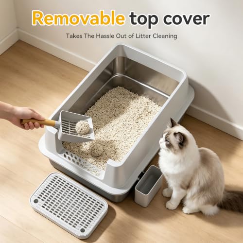 XL Enclosed Stainless Steel Litter Box with Lid (Light Gray-Enclosed)