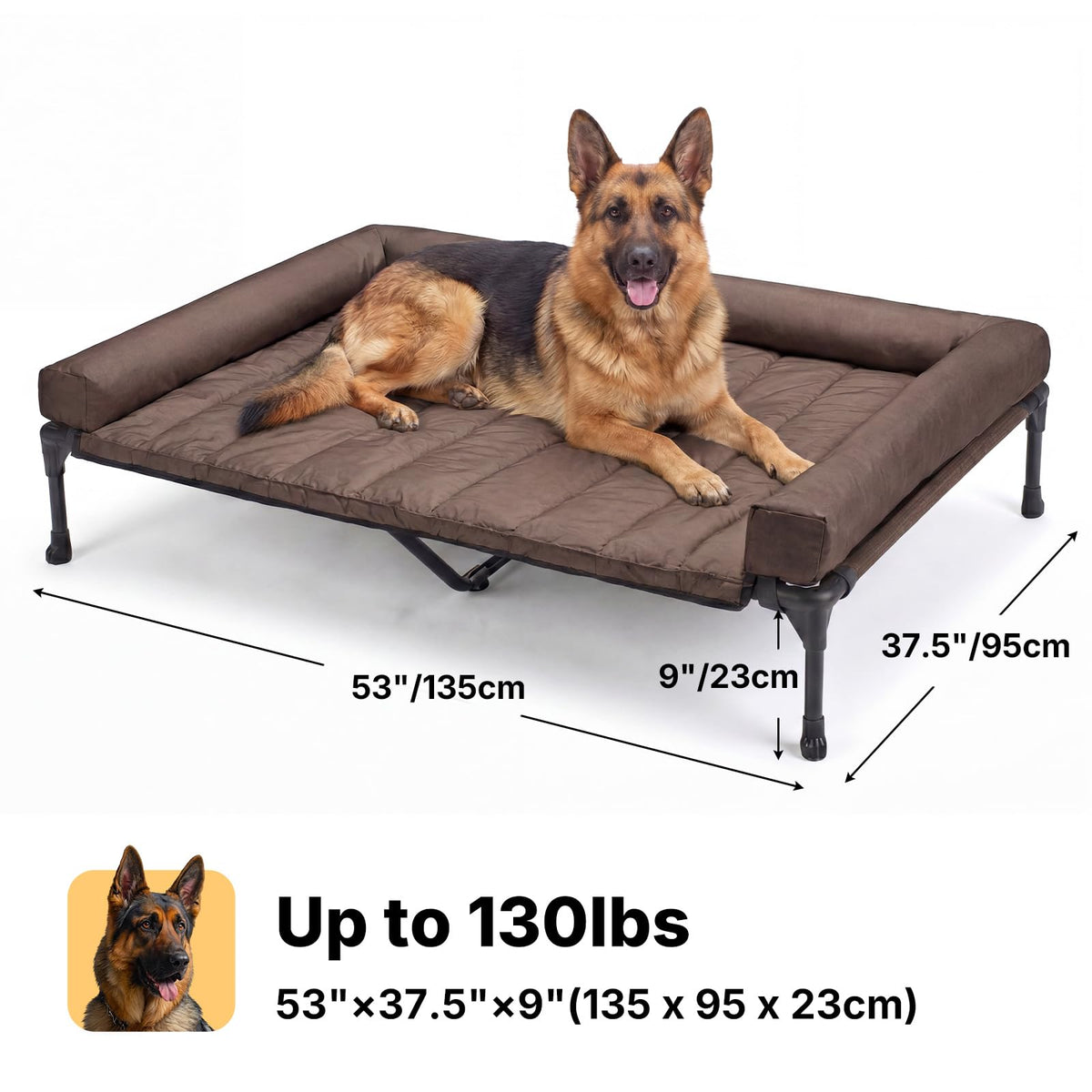 Outdoor Elevated Dog Bed with Waterproof Bolster Cushion (Brown / 53.0"L x 37.5"W x 9.0"Th)