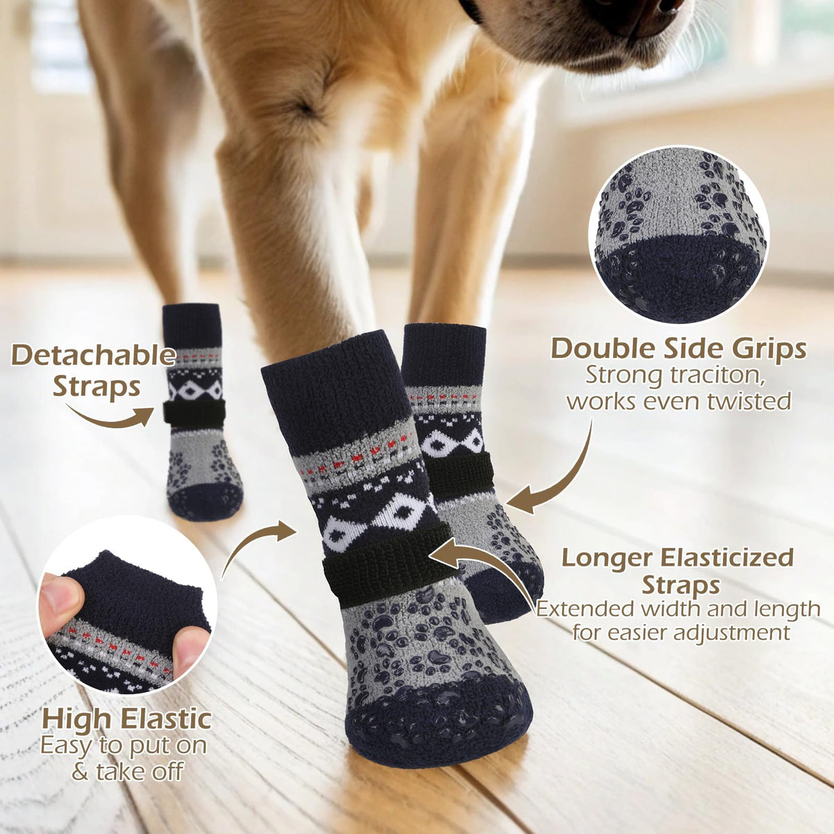 Anti Slip Dog Socks to Prevent Licking Paws for Hot Pavement (Navy / Medium)