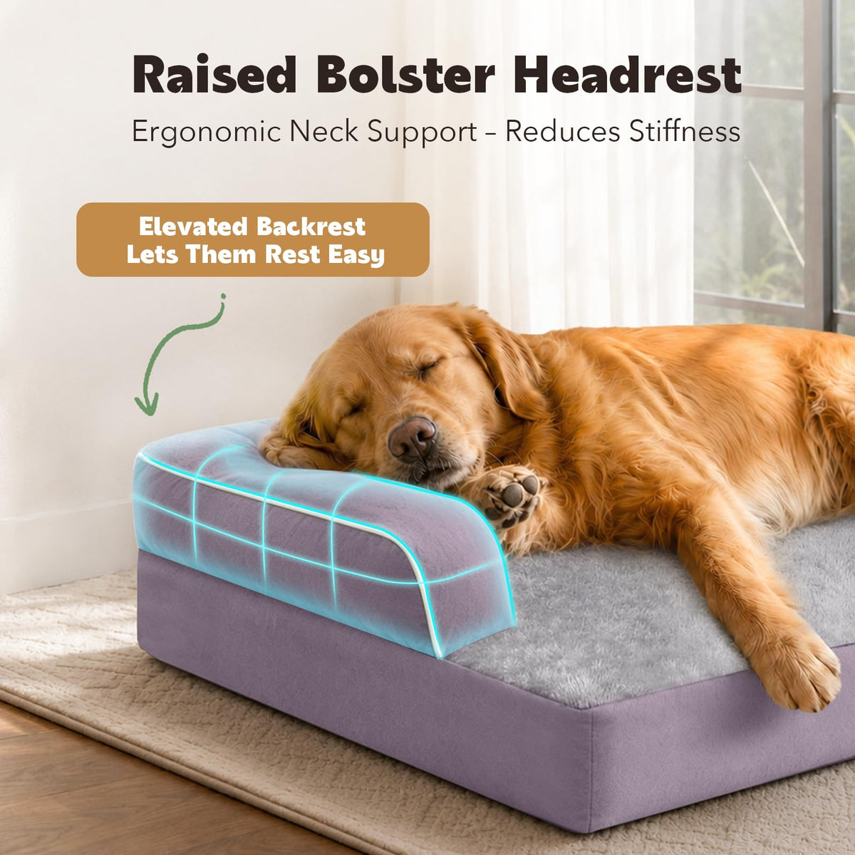 XXL Orthopedic Waterproof Dog Bed with Bolster for Extra Large Dogs (45.0"L x 35.0"W x 8.0"Th / Purple)