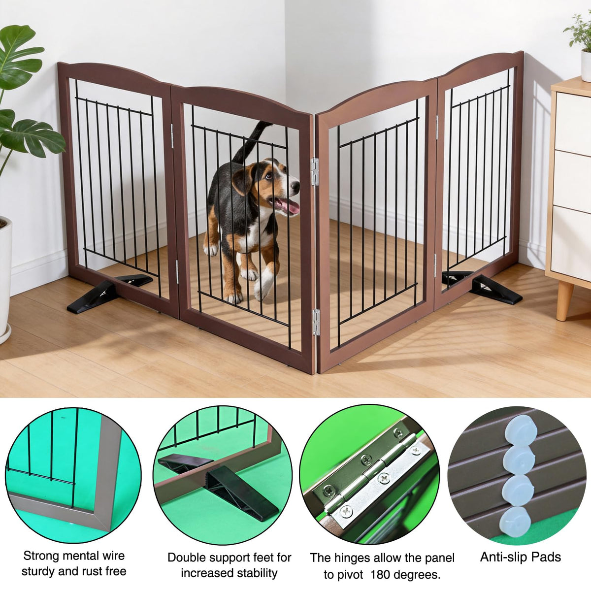 Freestanding Dog Fence Indoor (Brown / 【4 Panels】80''w x 24''h)