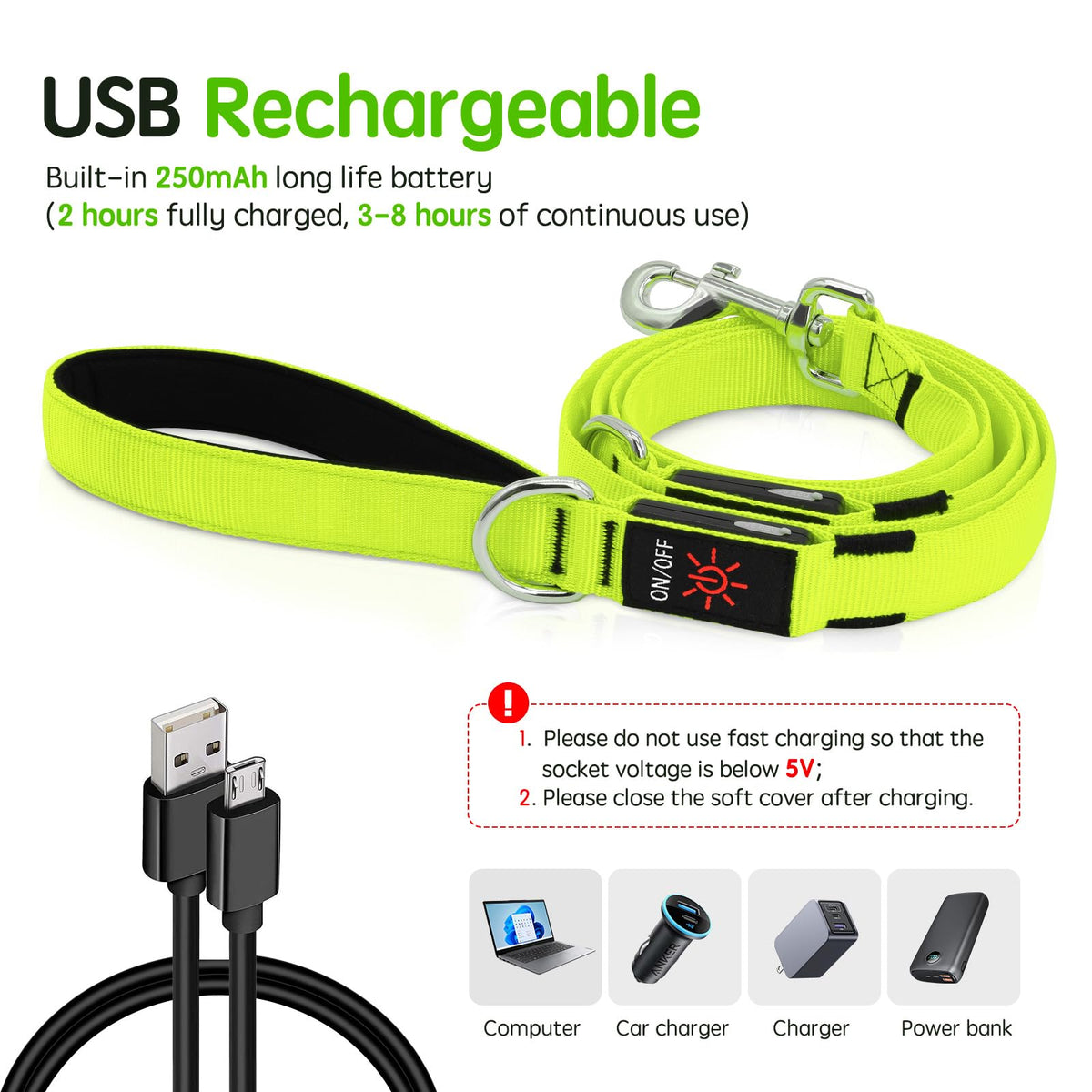 LED Light Up Dog Leash (Green / 6 Ft)
