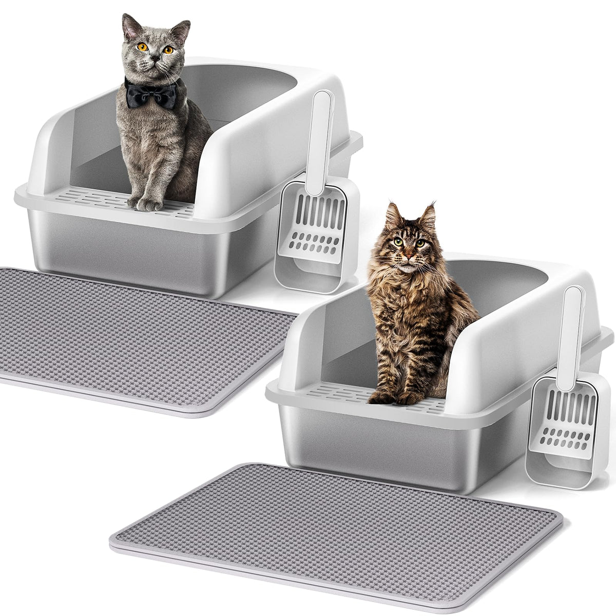 2 Pack Stainless Steel Cat Litter Box with Lid (M-2PCS)