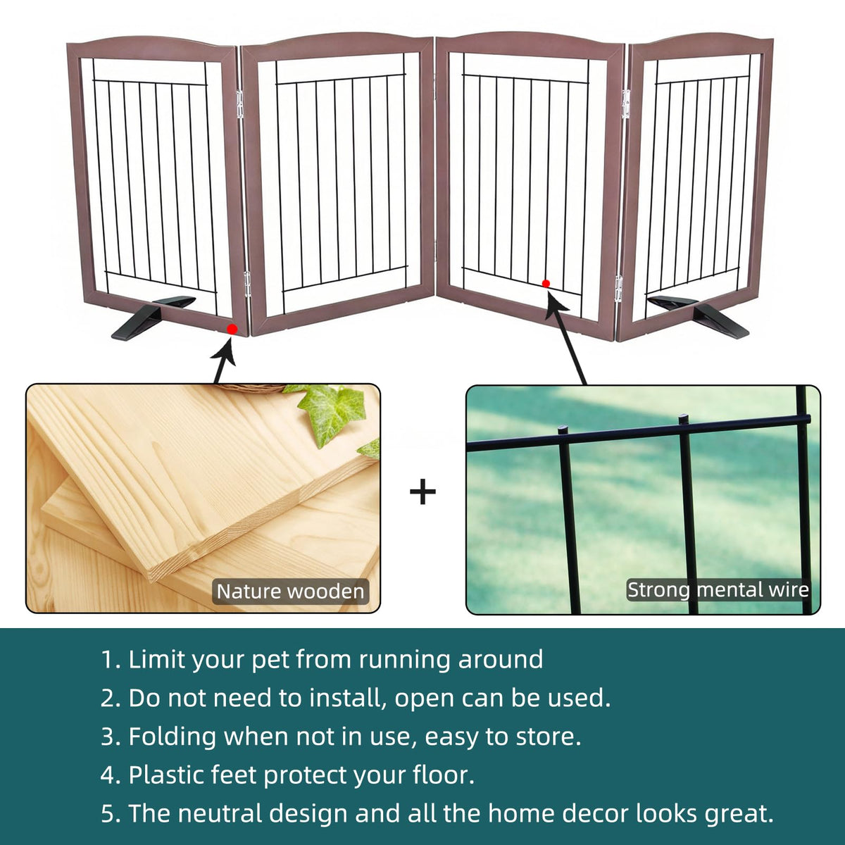 Freestanding Dog Fence Indoor (Brown / 【4 Panels】80''w x 24''h)