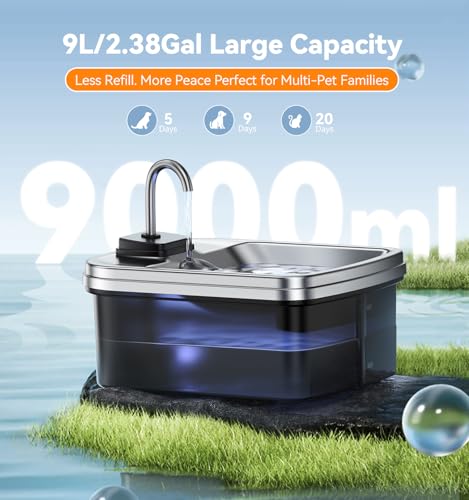 9L 2.38Gal Dog Water Fountain Elevated with 4 (Water Fountain + 3 Filters + 3 Sponges)