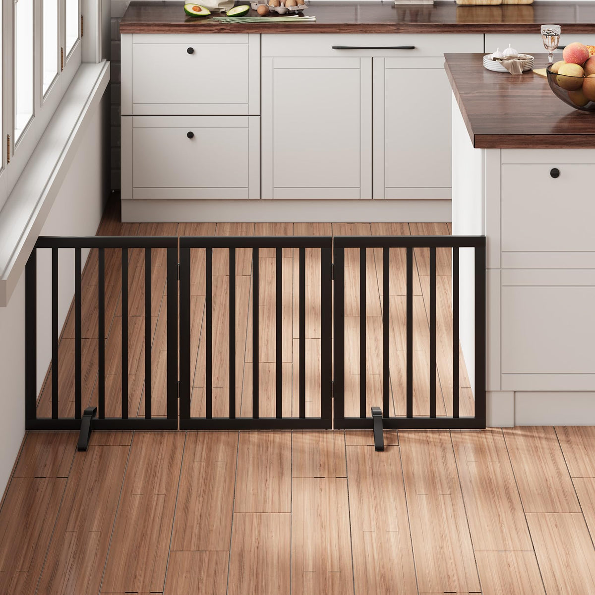 Black 18 55" Foldable Pet Gate for Stairs & Doorways (Bamboo Dog Gate Black / 3 Panel - 55 inches Wide)