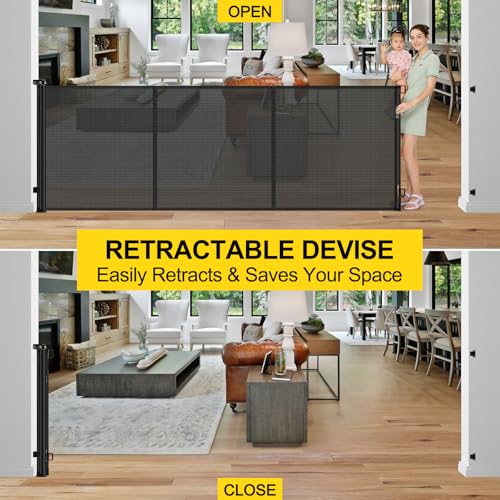 Reinforced 42” Tall x 200” Wide Retractable Baby Gates for Wide Openings (Black / Reinforced 42" Tall X 200" Wide)