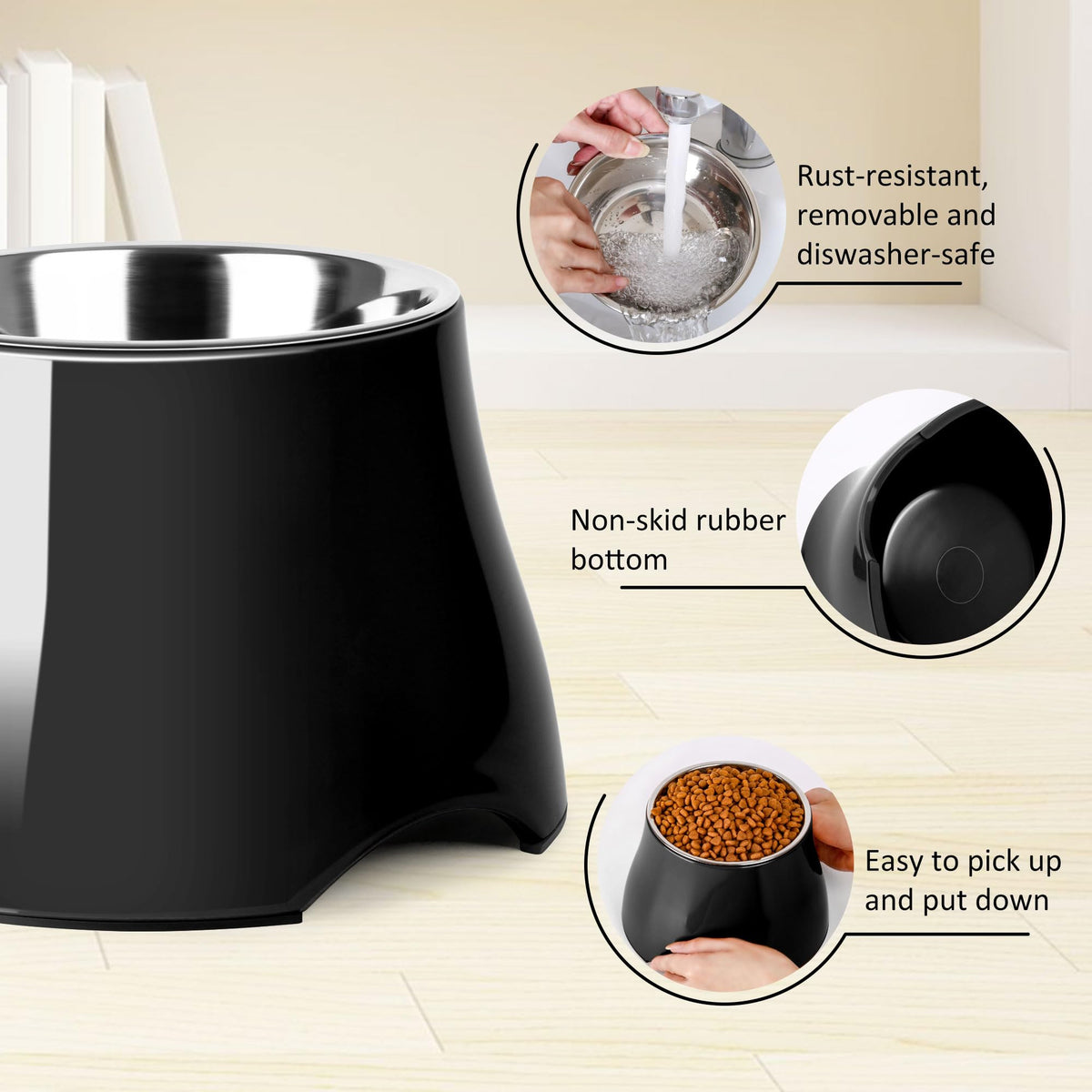 Dog Bowls Cone Friendly Non Slip Single Dog Bowl with Stainless Steel Inner (Small(1 Cup) / Black)