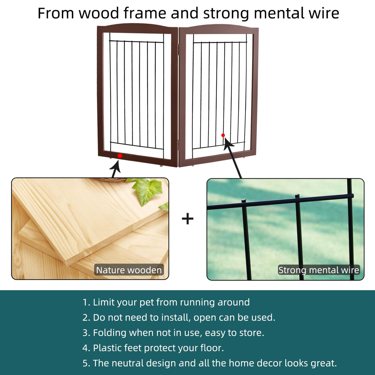 Freestanding Foldable Dog Gate for House Extra Wide Wooden Indoor Puppy Gate Stairs Doorways Pet Gate Tall Dog Fence 2 Panels Fence Brown (Brown / 【2 Panels】40''w x 32''h)