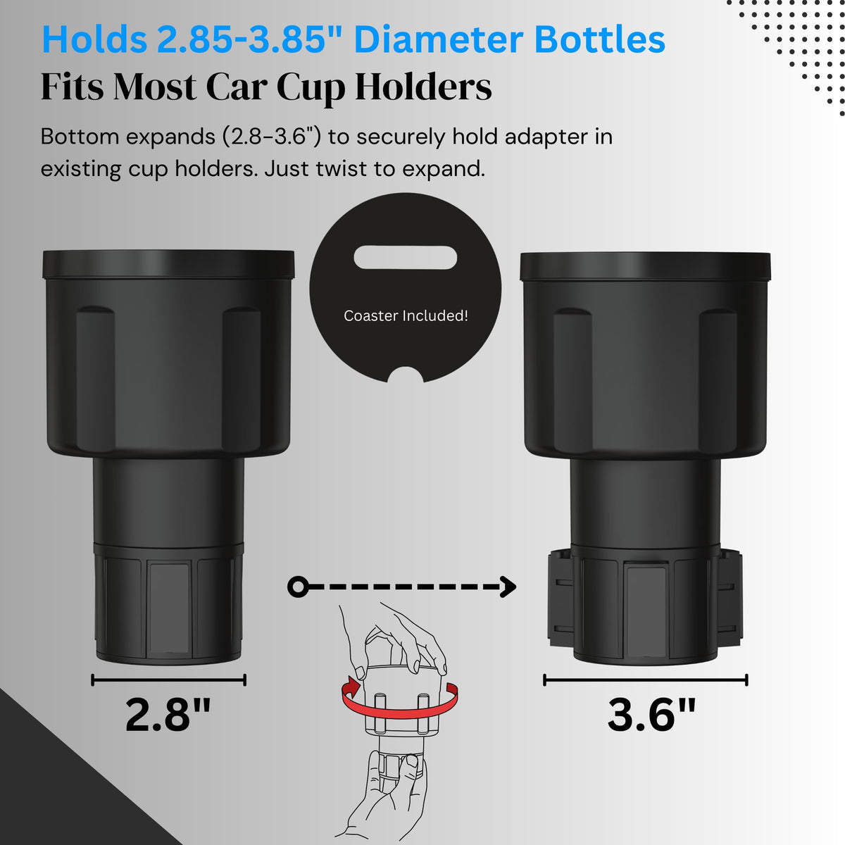 Car Cup Holder Expander (Holds 18-40 oz (Standard Base) / Black)