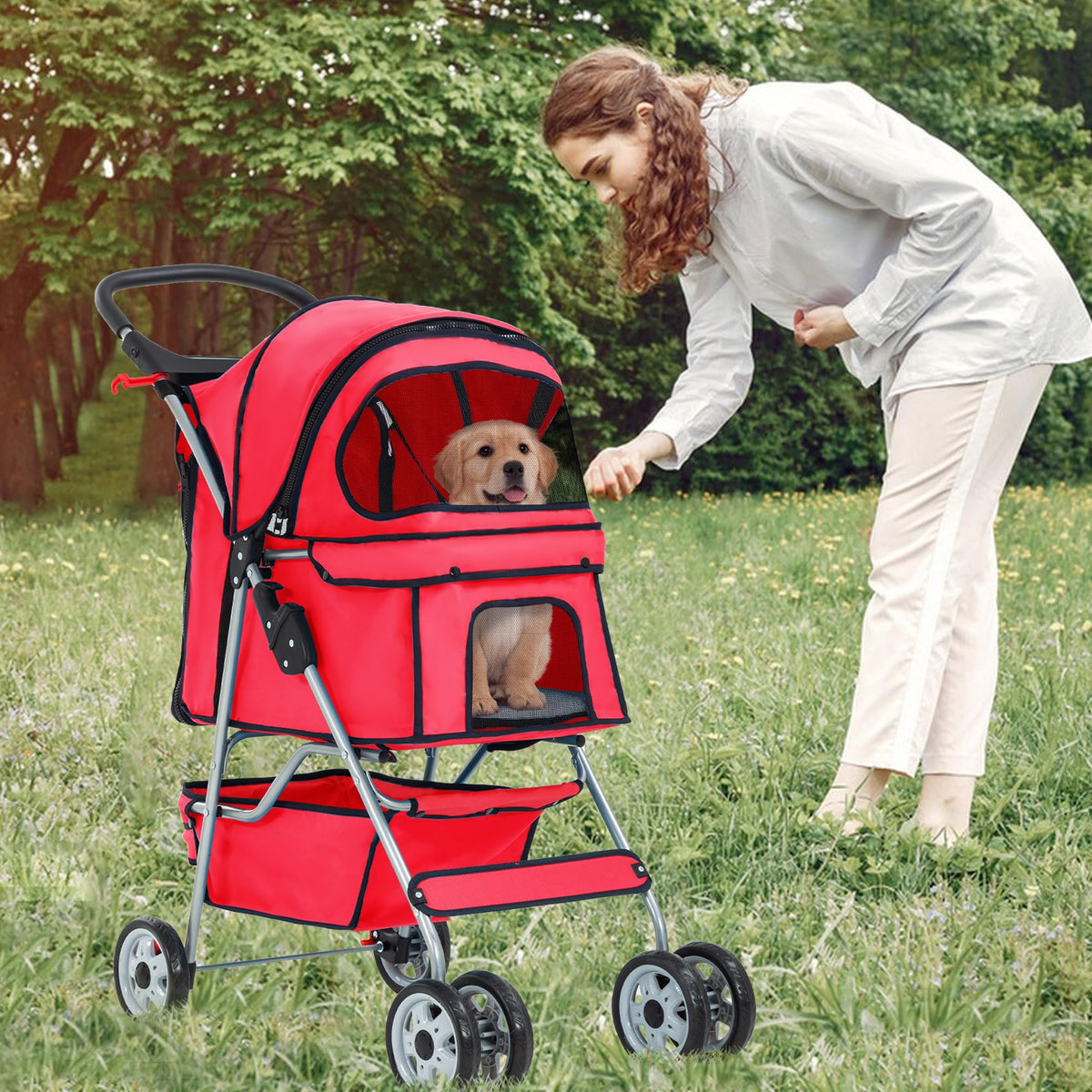 4 Wheel Foldable Pet Stroller (Red / 4 Wheels)