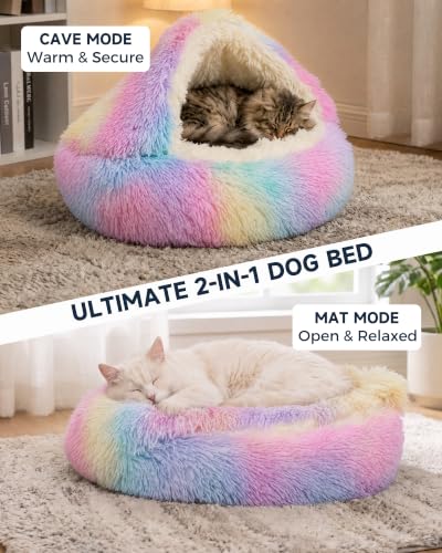 Cat Bed Round Plush Fluffy Hooded Cave (20.0"L x 20.0"W x 6.0"Th / Multicolor)