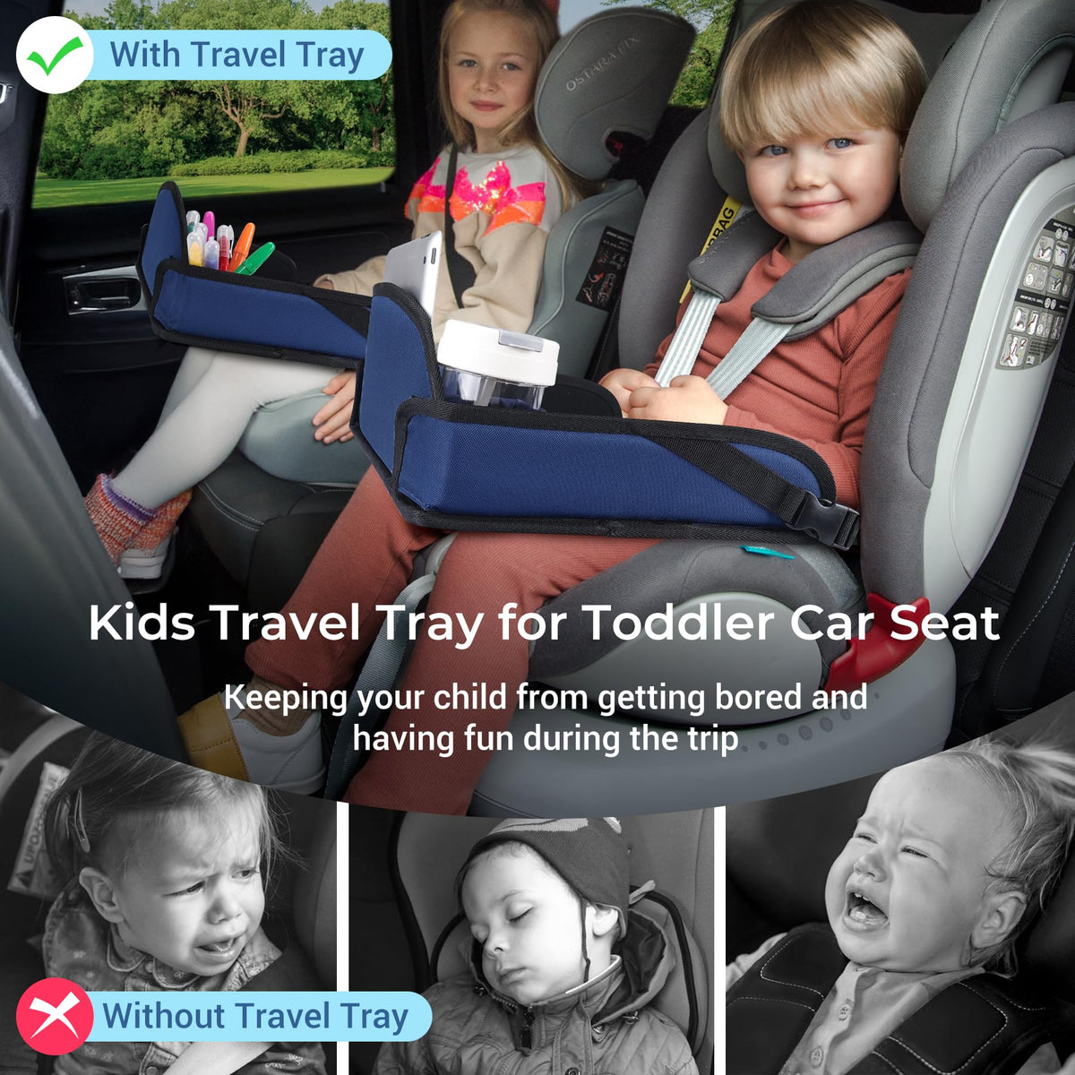 Kids Travel Tray for Toddler Car Seat (Navy Blue)