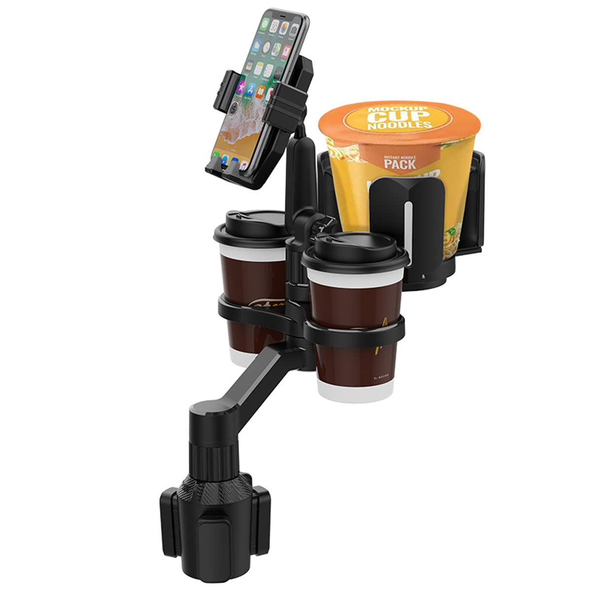4-in-1 Car Expander with Dual Cup Holder, Phone Holder, 360 Adjustable Base, All Purpose Organizer for Snack Bottles, Drinks (D04)