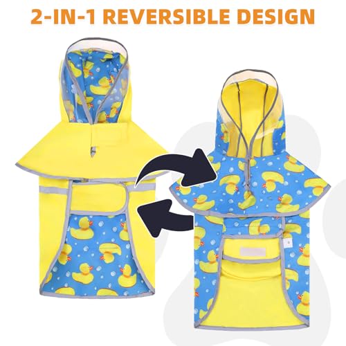 2-in-1 Reversible Medium Dog Raincoat, Hooded Rain Jacket Poncho (M:15-25lbs / YELLOW)