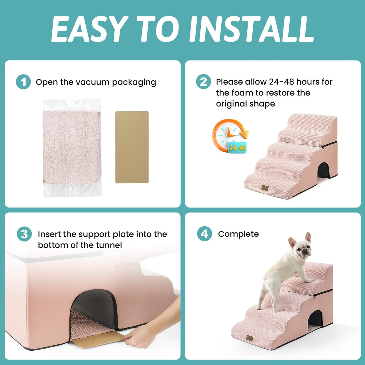 Extra Wide Small Dog Stairs with Tunnel (Pink / Detachable 19.7" x 33" x 22.4")