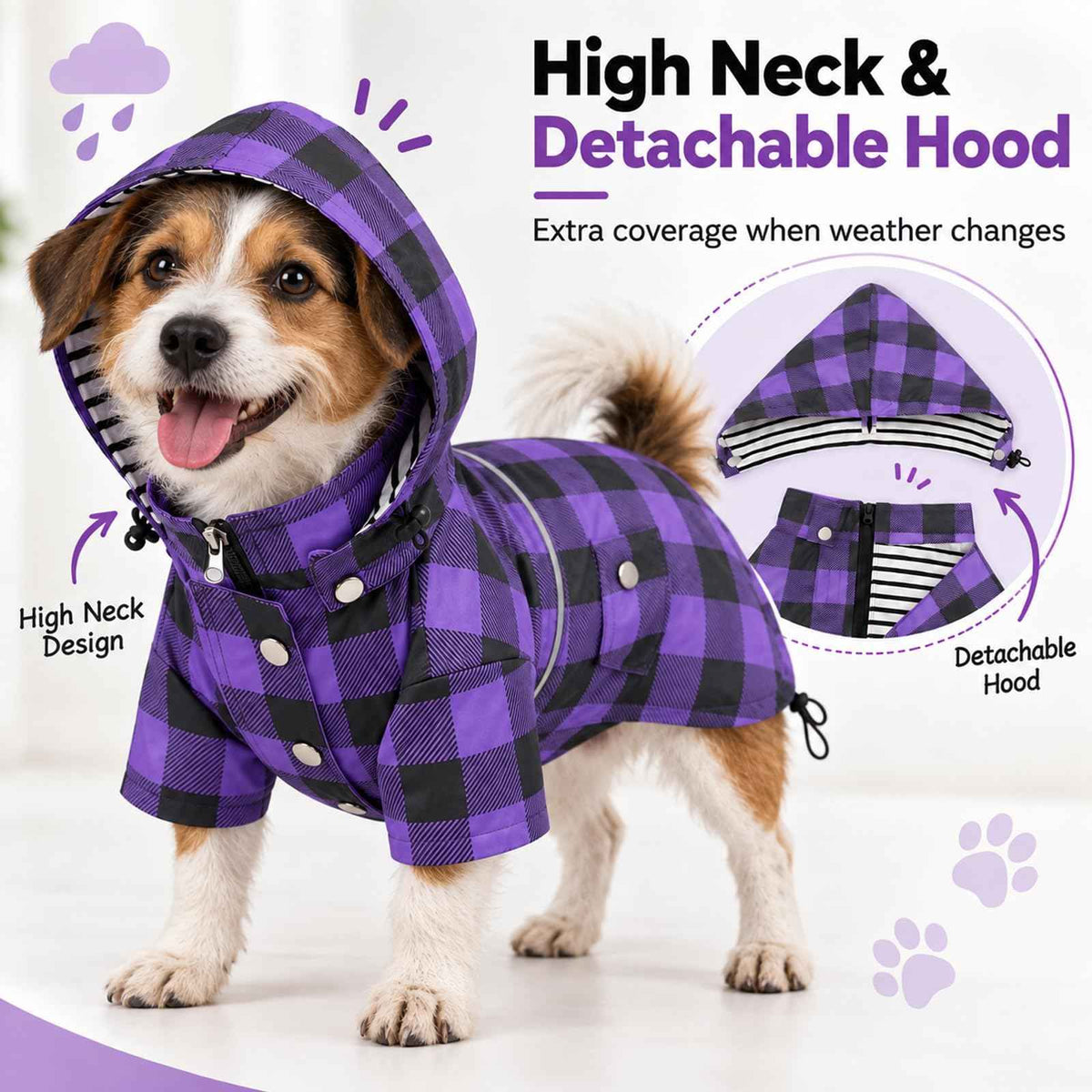 Dog Rain Coat Waterproof Raincoat Puppy Jacket with Buttons Zipper Hood Drawstring Fit for Yorkie Terrier Schnauzer Poodle Border Collie Labrador Golden Retriever 8lbs to 80lbs (X-Small / Purple/Black Paid)