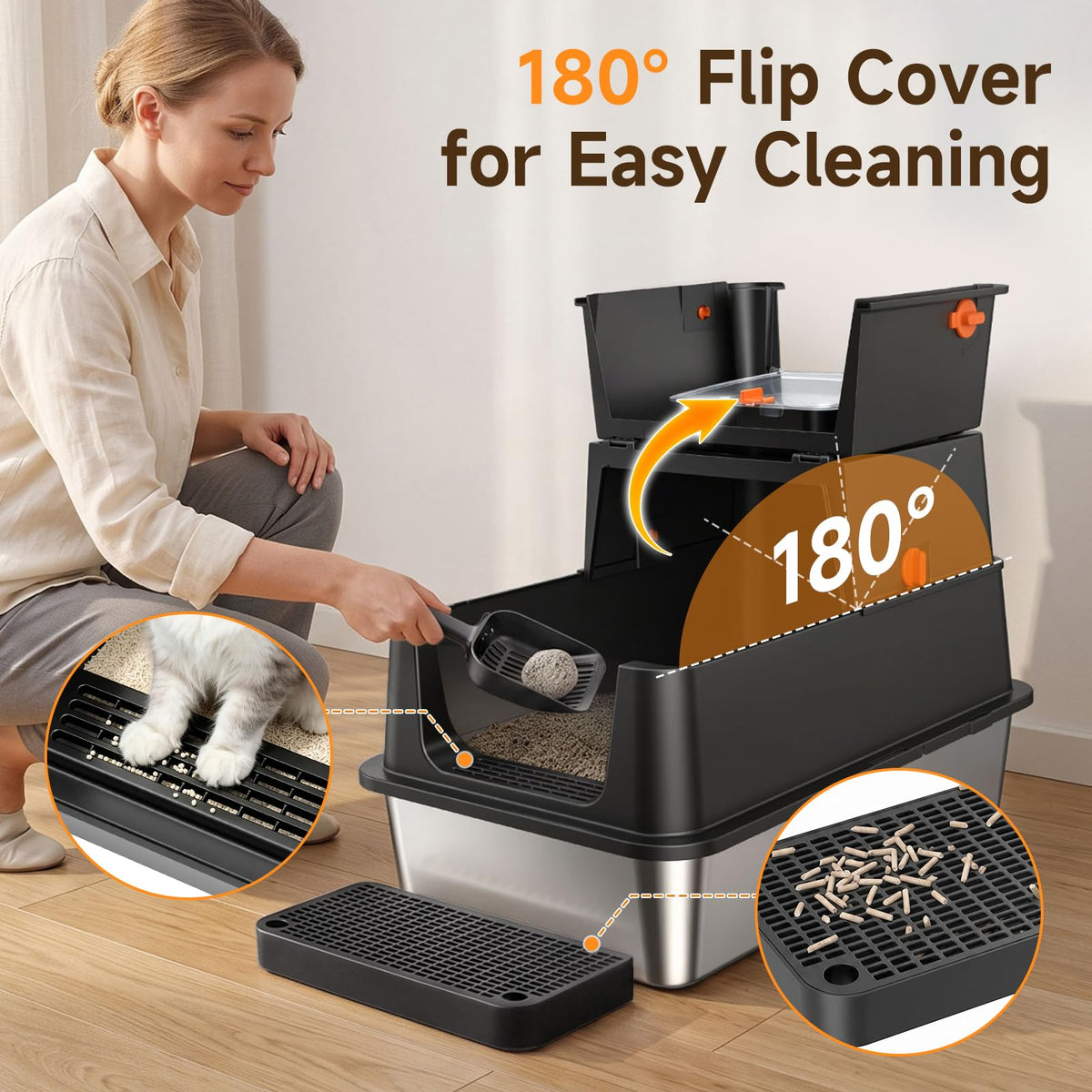 XL Enclosed Stainless Steel Litter Box with Lid (Carbon Black)