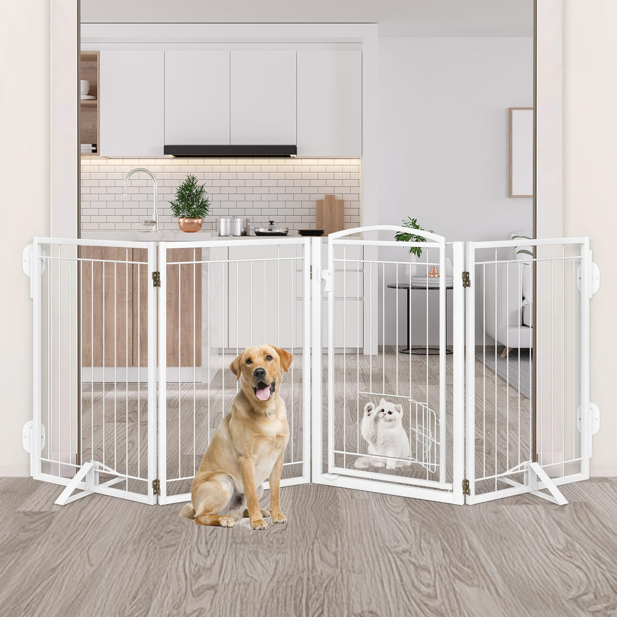 Full Metal Freestanding Dog Gate for Indoor & Outdoor (White / 【2 Panels】40"W×32"H)